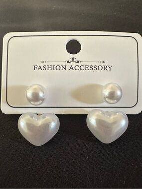 White Pearl Heart and Round Stud Dangle Earrings (New)